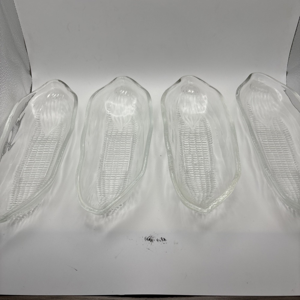Vintage Set Of 4 Clear Pressed Glass Corn On The Cob Serving Dish Boats